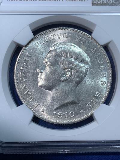 《竞宝斋》第424场 周日，周一，周二  3场连拍 （全场包邮） NGC MS61 葡萄牙1910年曼努埃尔二世半岛战争 狮炮盾徽1000瑞斯大银币