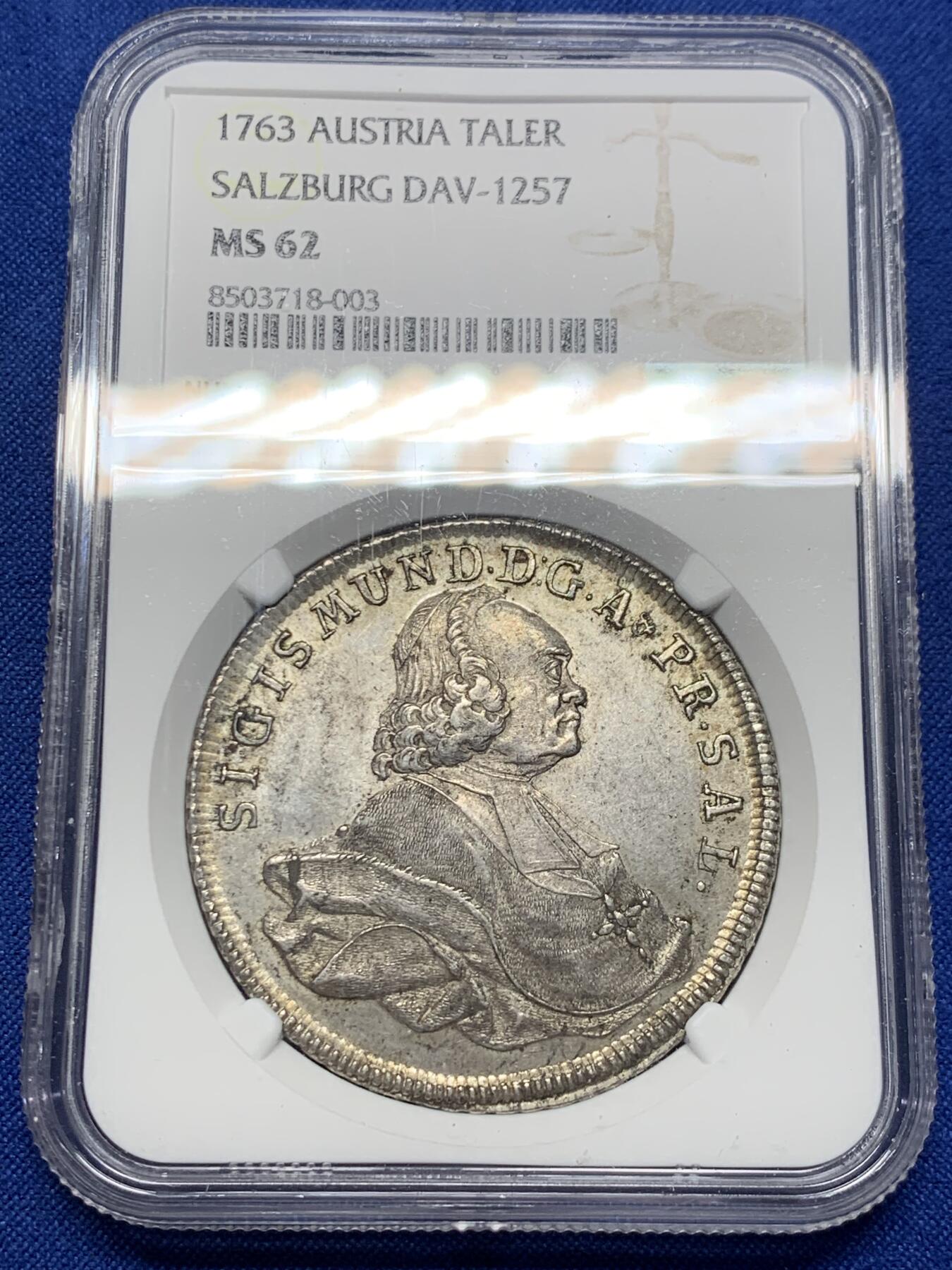 《竞宝斋》第424场 周日，周一，周二  3场连拍 （全场包邮） 亚军分 NGC MS62 奥地利 萨尔茨堡 1763年 泰勒银币 极少版本
