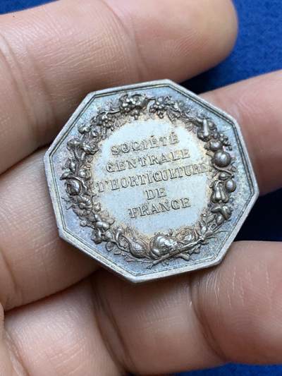 《竞宝斋》第424场 周日，周一，周二  3场连拍 （全场包邮） 法国园艺协会八角银代币 蜜蜂银标 11.15克 28.6mm