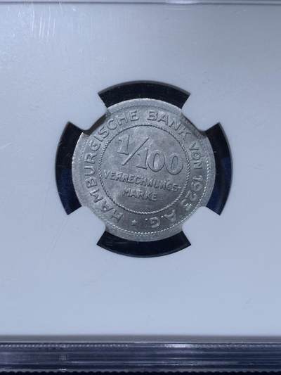 《竞宝斋》第424场 周日，周一，周二  3场连拍 （全场包邮） NGC MS63 德紧1923年汉堡双狮1/100马克代用币 高分难得 市面稀少