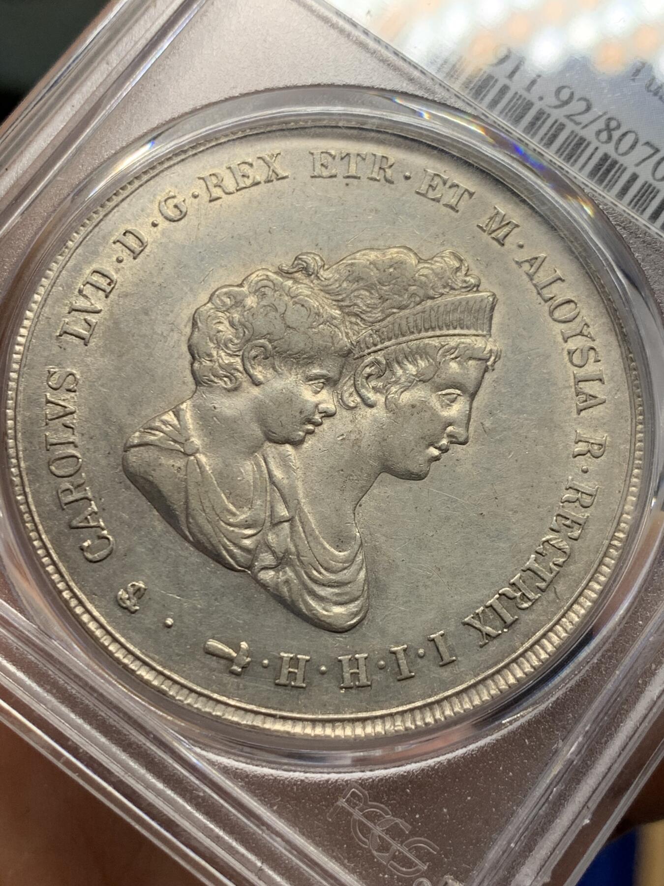 《竞宝斋》第424场 周日，周一，周二  3场连拍 （全场包邮） PCGS AUD 意大利托斯卡纳1807年母子10里拉大银币