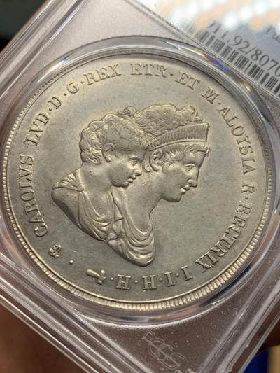 《竞宝斋》第424场 周日，周一，周二  3场连拍 （全场包邮） PCGS AUD 意大利托斯卡纳1807年母子10里拉大银币