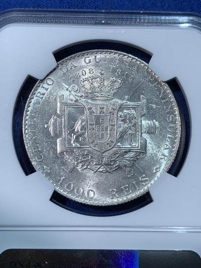 《竞宝斋》第424场 周日，周一，周二  3场连拍 （全场包邮） NGC MS61 葡萄牙1910年曼努埃尔二世半岛战争 狮炮盾徽1000瑞斯大银币