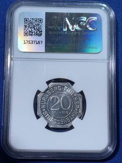 《竞宝斋》第424场 周日，周一，周二  3场连拍 （全场包邮） NGC MS65 德国1920年紧急状态时期纽伦堡20芬尼代用币
