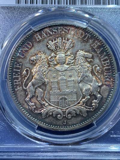 《竞宝斋》第424场 周日，周一，周二  3场连拍 （全场包邮） PCGS MS63 德国1913J 汉堡-双狮5马克银币 双面环五彩包浆，底板双面转光，状态难得。