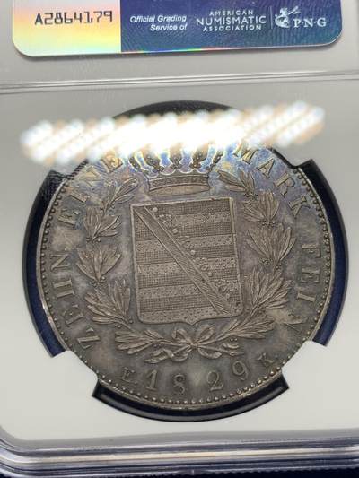 《竞宝斋》第424场 周日，周一，周二  3场连拍 （全场包邮） NGC UNC 德国 1829年 萨克森-科堡-哥达公国 欧内斯特一世 泰勒大银币 资料显示发行量仅3759枚 做为流通币来说保存下来很难 裸币普遍在1.5-2W成交