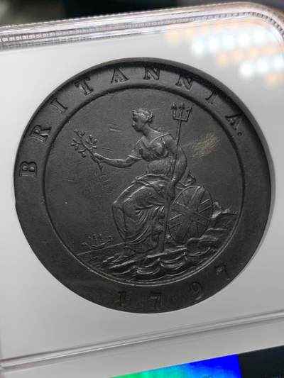 《竞宝斋》第424场 周日，周一，周二  3场连拍 （全场包邮） NGC AU50BN 英国1797年乔三SOHO大车轮2便士大铜币 深打巧克力 加厚盒装