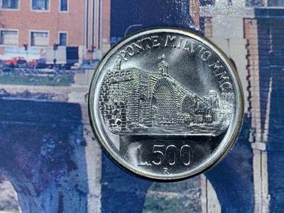 《竞宝斋》第424场 周日，周一，周二  3场连拍 （全场包邮） 意大利1991年米尔维奥桥500里拉银币 原册 835银 15克