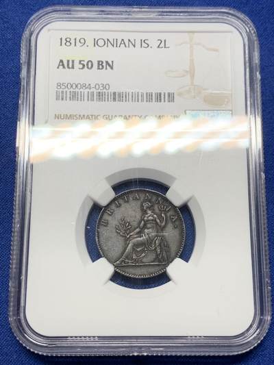 《竞宝斋》第424场 周日，周一，周二  3场连拍 （全场包邮） NGC AU50BN 英属爱奥尼亚1819年2雷普塔 