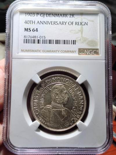 中外钱币第二场 - NGC-MS64丹麦1903年克里斯蒂安九世在位40周年2克朗银币