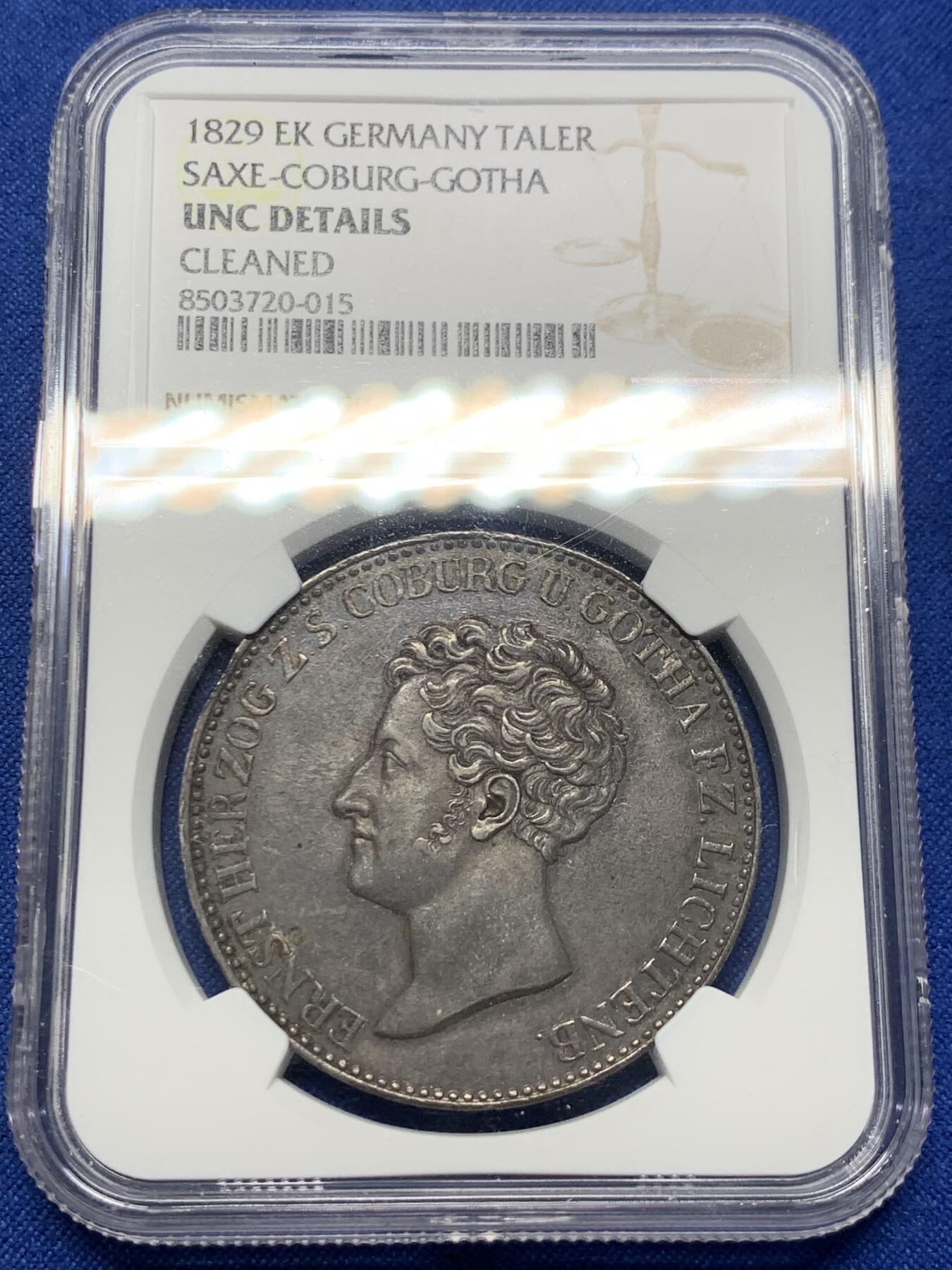 《竞宝斋》第424场 周日，周一，周二  3场连拍 （全场包邮） NGC UNC 德国 1829年 萨克森-科堡-哥达公国 欧内斯特一世 泰勒大银币 资料显示发行量仅3759枚 做为流通币来说保存下来很难 裸币普遍在1.5-2W成交