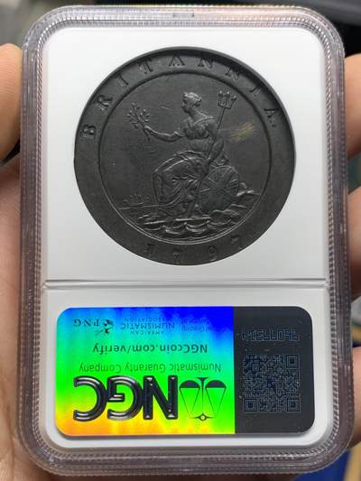 《竞宝斋》第424场 周日，周一，周二  3场连拍 （全场包邮） NGC AU50BN 英国1797年乔三SOHO大车轮2便士大铜币 深打巧克力 加厚盒装