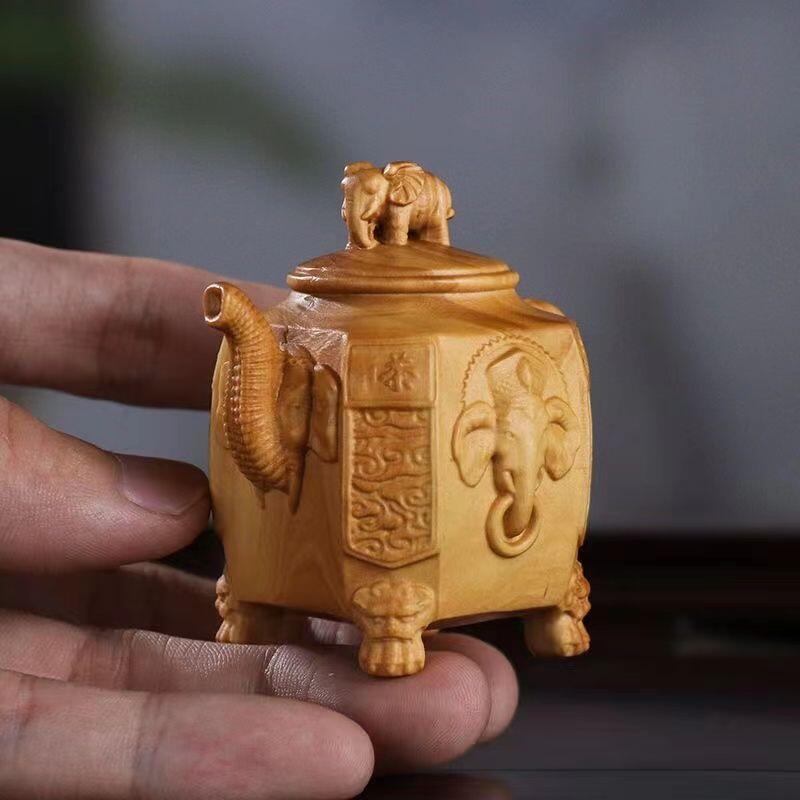 小叶黄杨木雕大象把壶 6cm