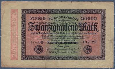 德国1923年20000马克 P-85a L版水印(小圆圈) 号码字体少 无4 实物图 八五品 - 德国1923年20000马克 P-85a L版水印(小圆圈) 号码字体少 无4 实物图 八五品