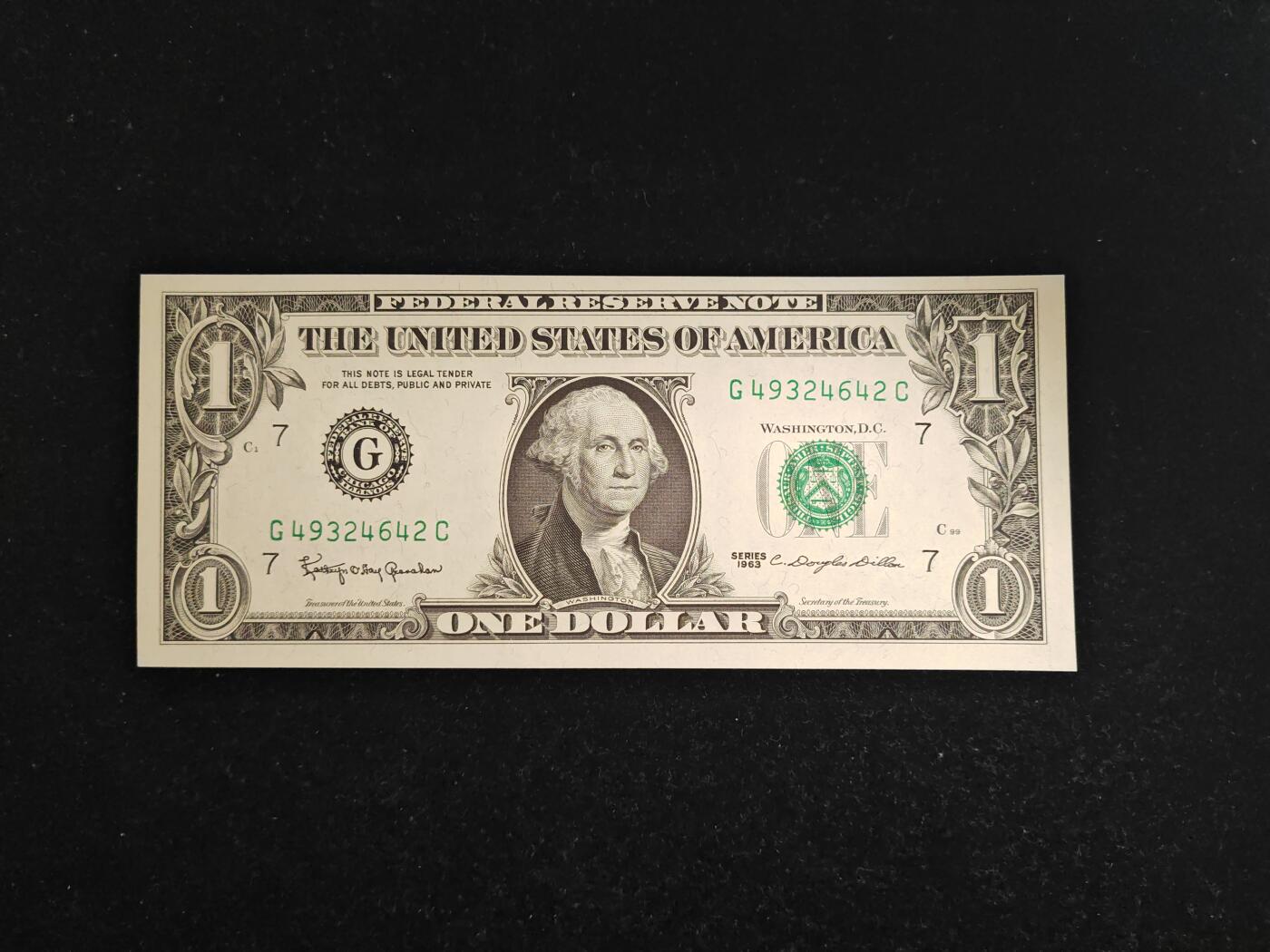美国 1963年 首发 1美元 G区 全新UNC(此版发行量相对1963A少很多)