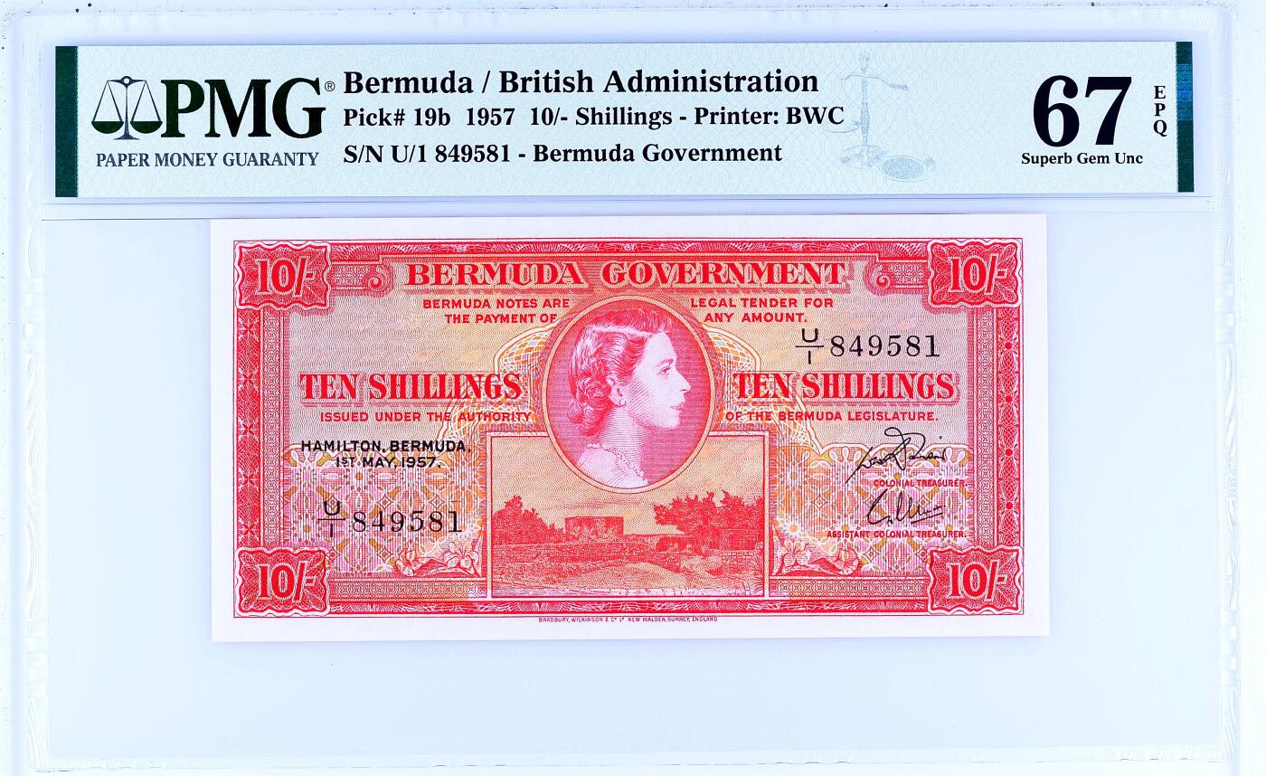 【Blue Auction】世界纸币精拍第733期——祝各位藏友国庆中秋假期快乐！ 百慕大 1957年10先令 年轻女王侧面像 PMG67EPQ 设计精美