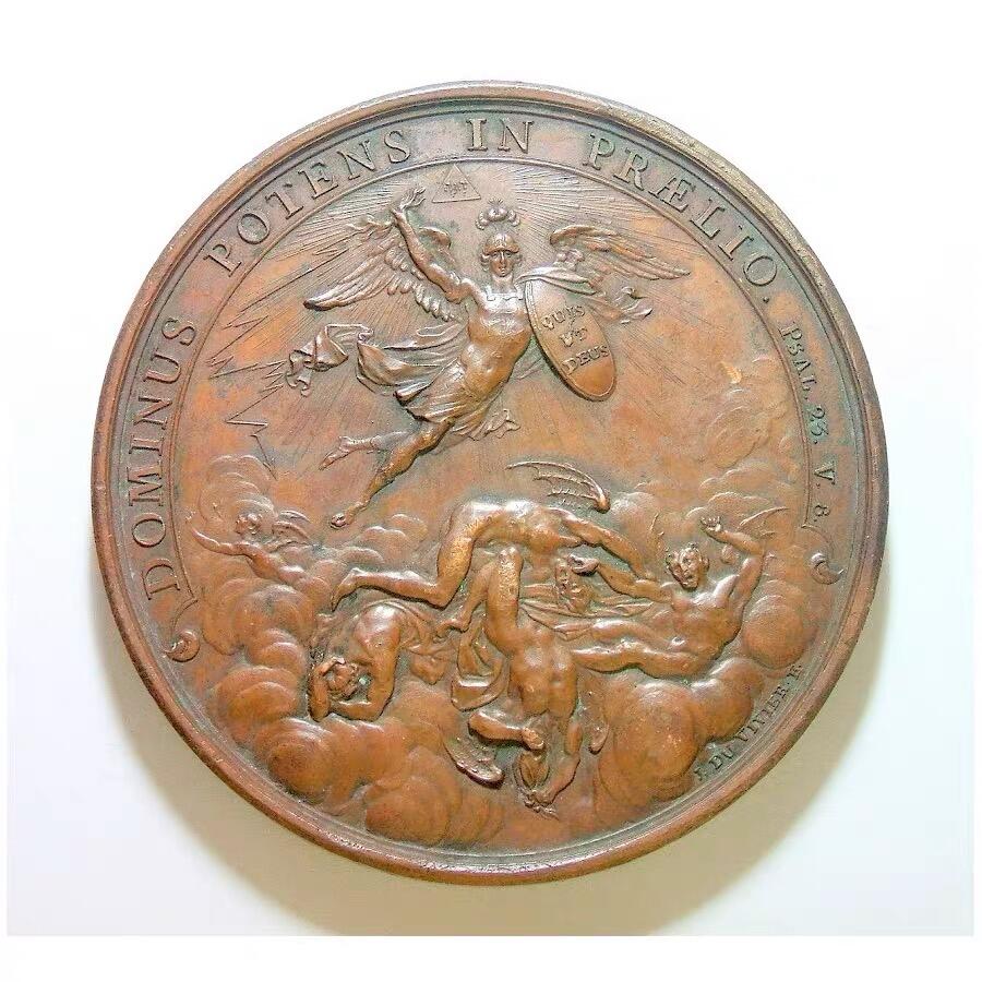 【艺术】法国艺术大章18XX年 天使诸神+盾徽 高浮雕精制超大铜章 72MM 191克