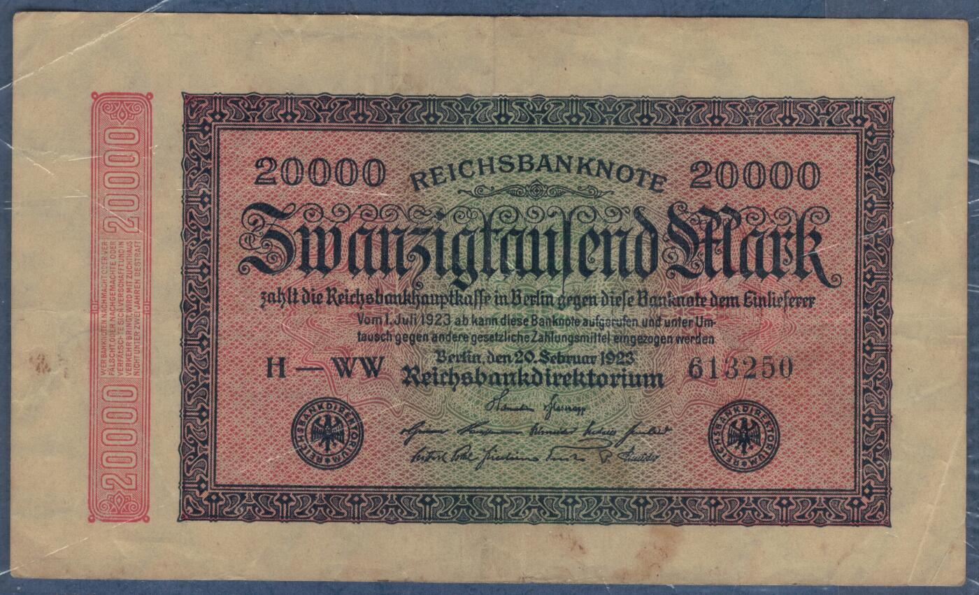 德国1923年20000马克 P-85b E版水印(星星中有G/D标识) 无47 实物图 八五品