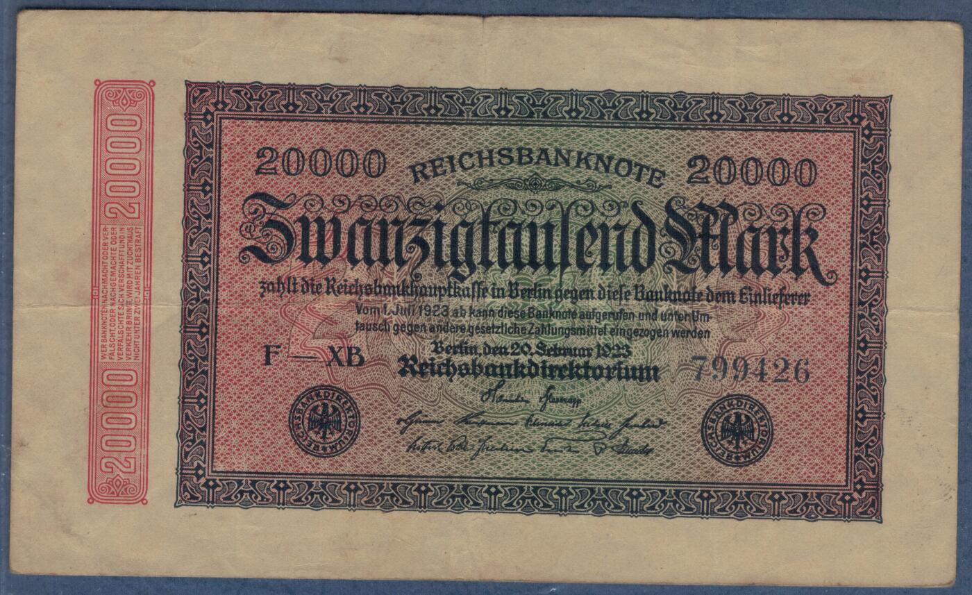 德国1923年20000马克 P-85a L版水印(小圆圈) 号码字体少 实物图 八五品