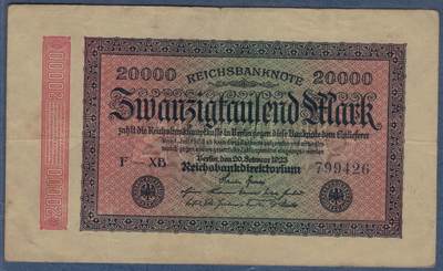 德国1923年20000马克 P-85a L版水印(小圆圈) 号码字体少 实物图 八五品 - 德国1923年20000马克 P-85a L版水印(小圆圈) 号码字体少 实物图 八五品