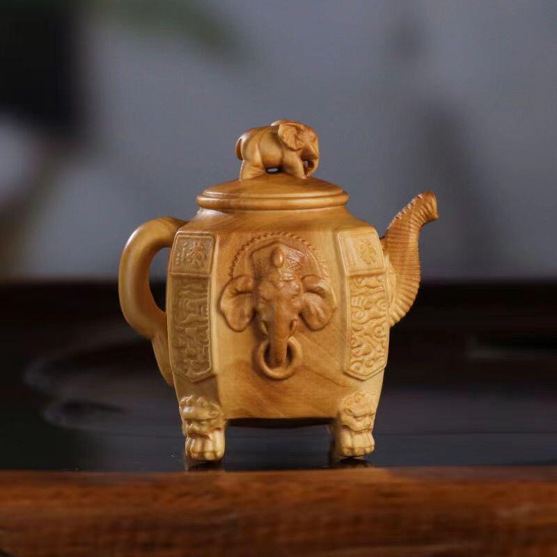 小叶黄杨木雕大象把壶 6cm