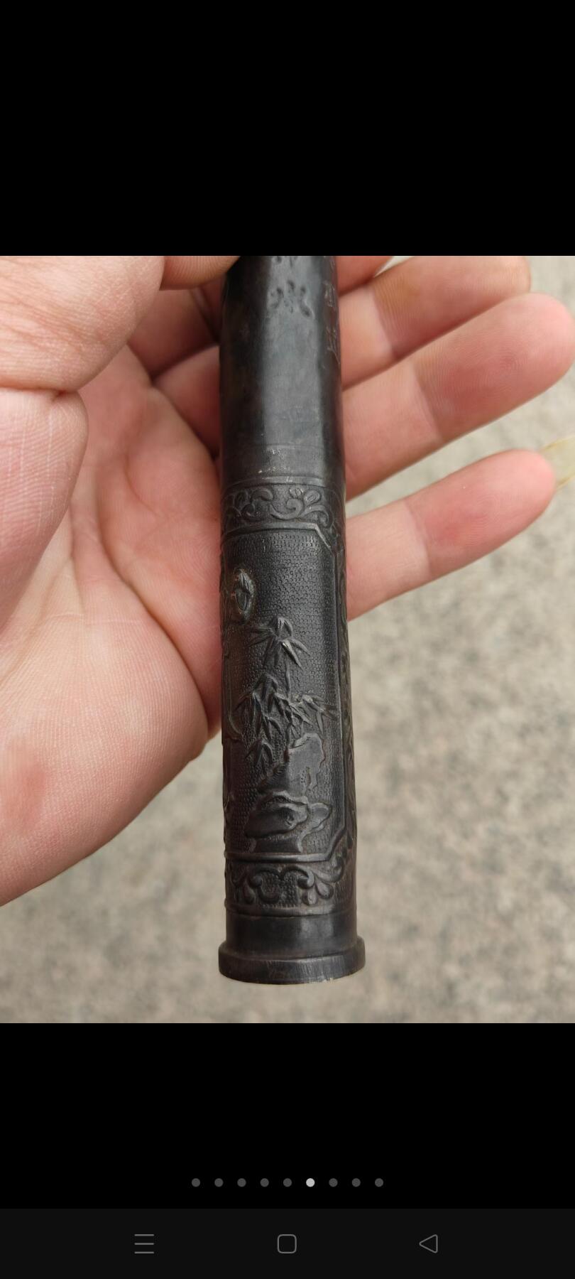 民国时期文房铜信筒，满身鏨刻人物花卉诗文，有底款，保存完好，品相一流