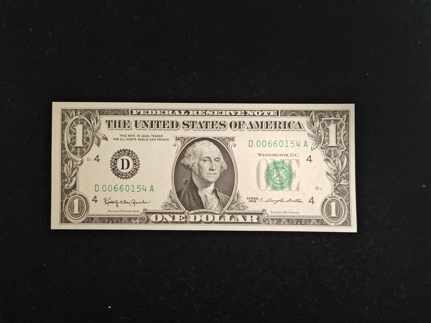 美国 1963年 首发 1美元 D区 全新UNC(此版发行量相对1963A少很多)