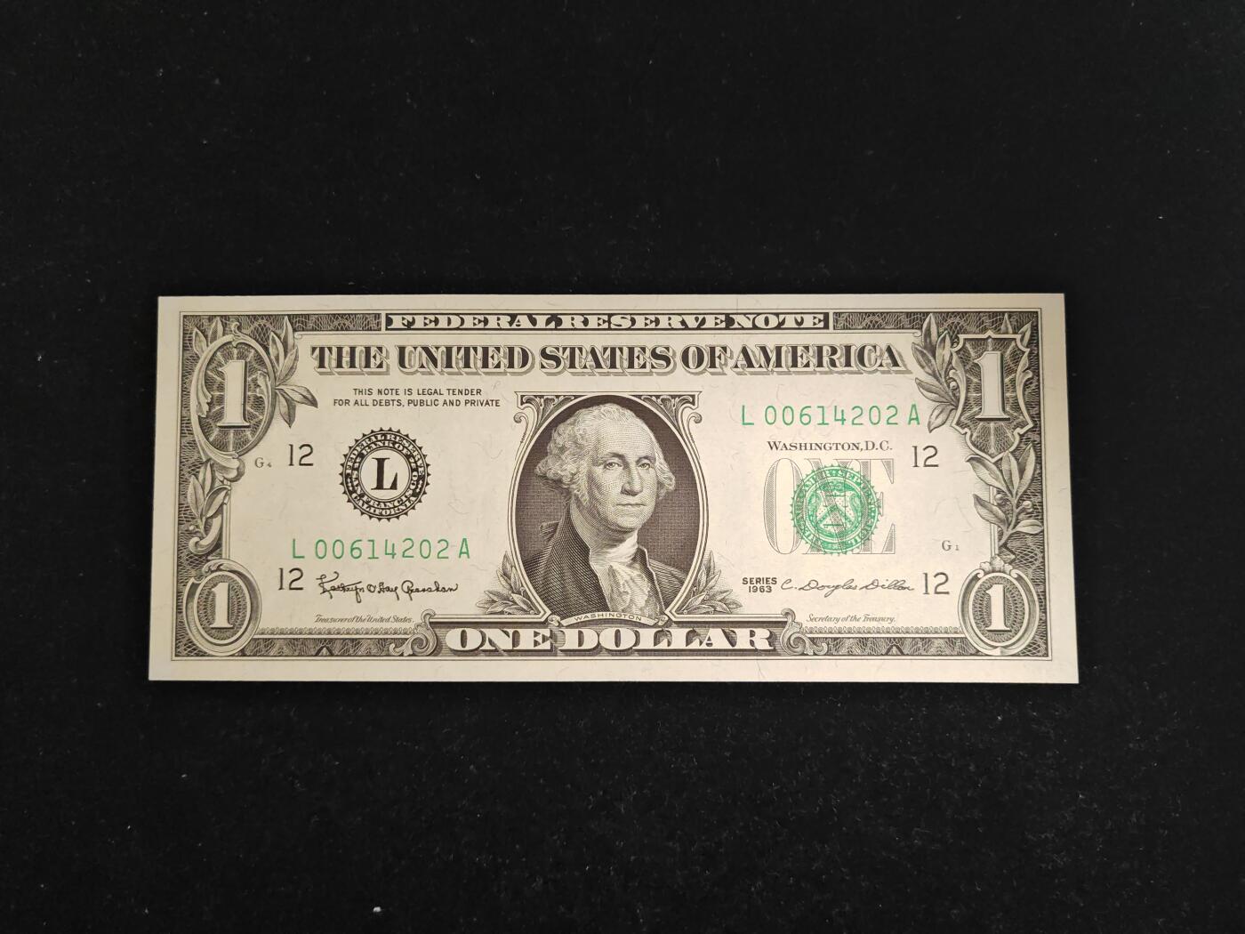 美国 1963年 首发 1美元 L区 全新UNC(此版发行量相对1963A少很多)