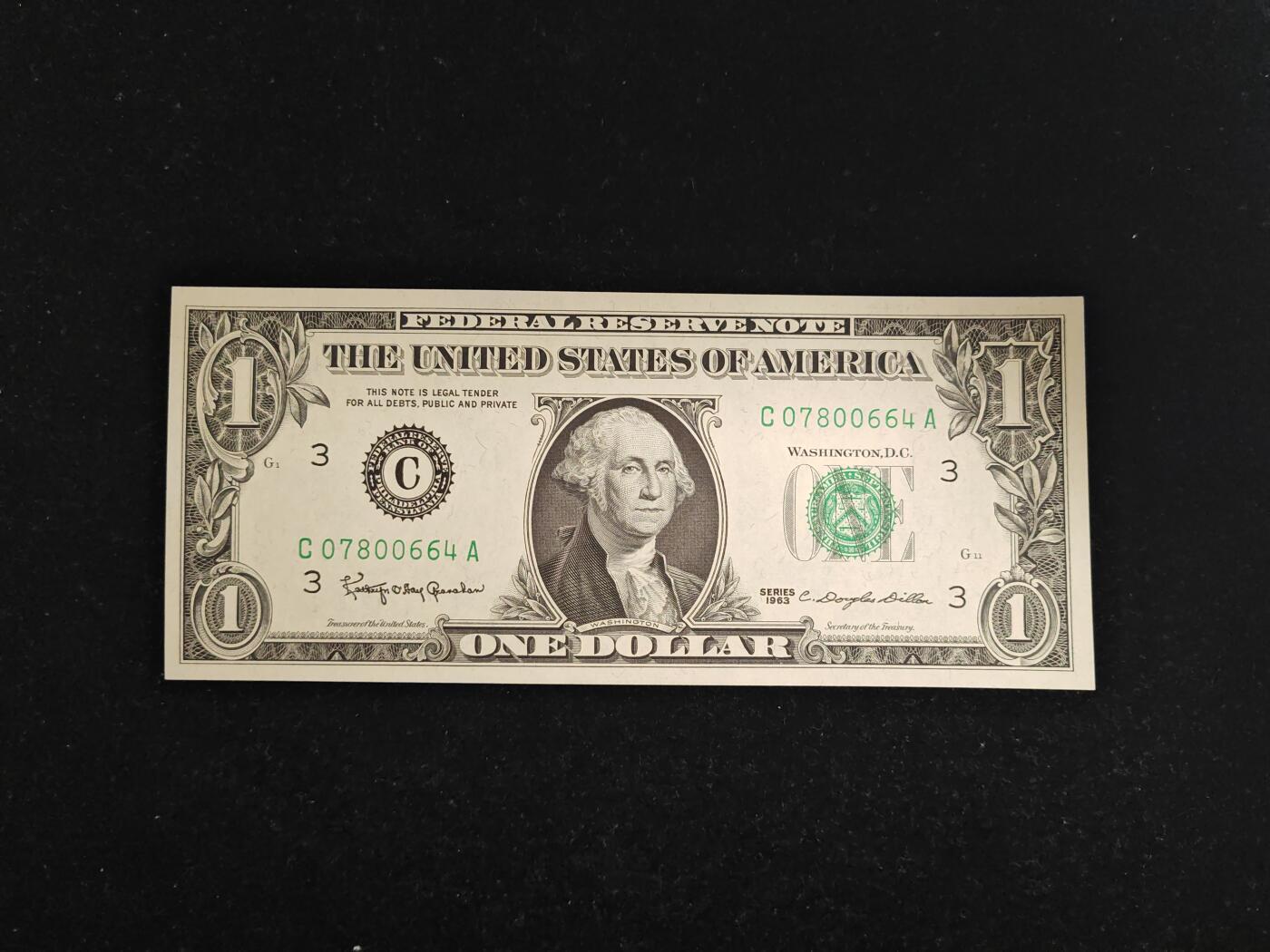 美国 1963年 首发 1美元 C区 全新UNC(此版发行量相对1963A少很多)