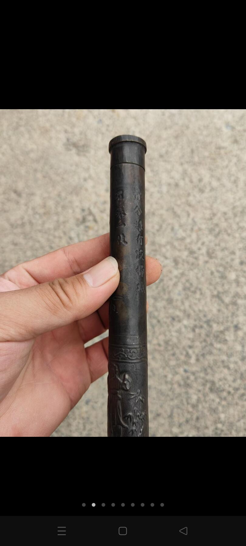 民国时期文房铜信筒，满身鏨刻人物花卉诗文，有底款，保存完好，品相一流