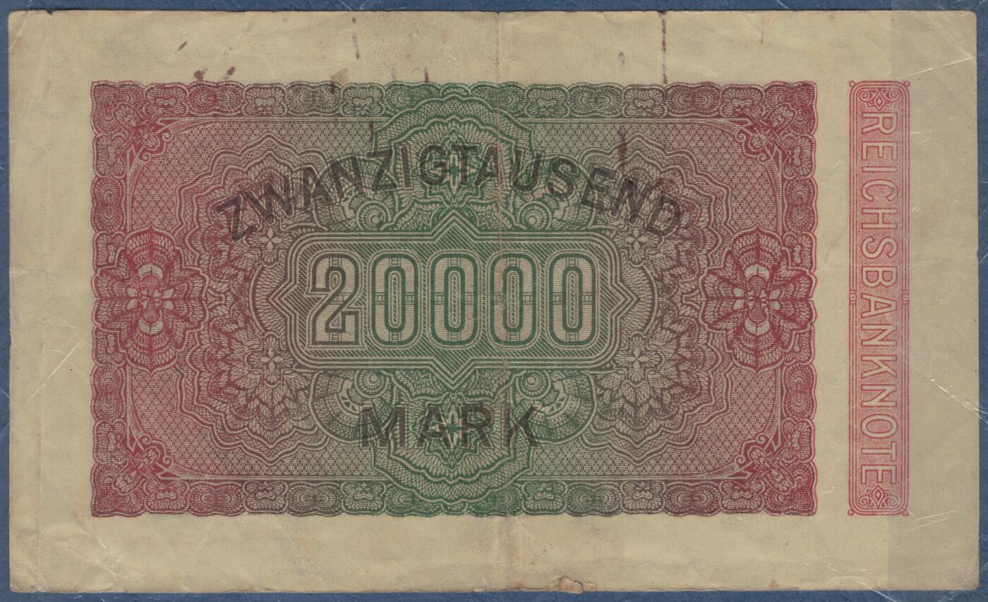 德国1923年20000马克 P-85c G版水印(格文) 补号钞 实物图 八五品