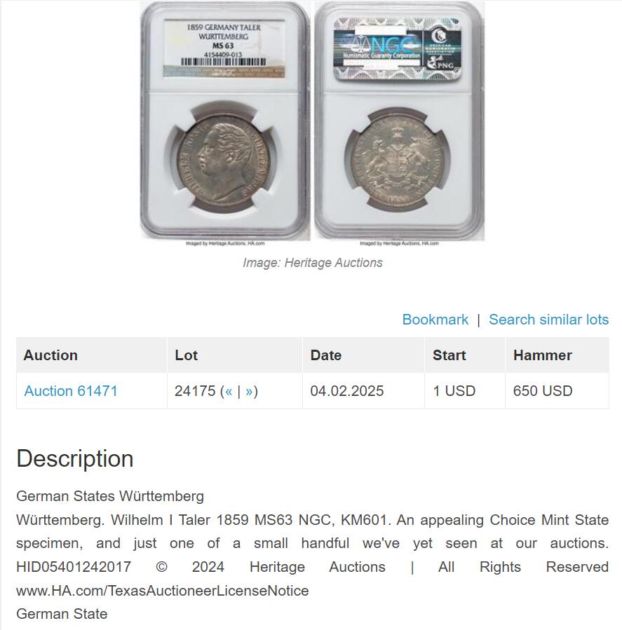《竞宝斋》第424场 周日，周一，周二  3场连拍 （全场包邮） NGC MS63 德国 1859年 符腾堡 狮鹿盾徽流通泰勒 银币 少见品种 季军分 光度 细节都值得入藏 具体状态见视频 同分今年成交价已经到达6000 上涨幅度较大