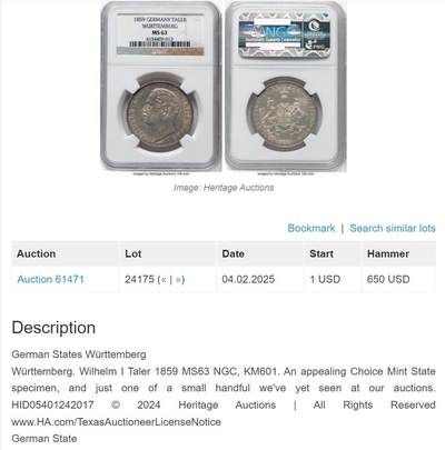 《竞宝斋》第424场 周日，周一，周二  3场连拍 （全场包邮） NGC MS63 德国 1859年 符腾堡 狮鹿盾徽流通泰勒 银币 少见品种 季军分 光度 细节都值得入藏 具体状态见视频 同分今年成交价已经到达6000 上涨幅度较大