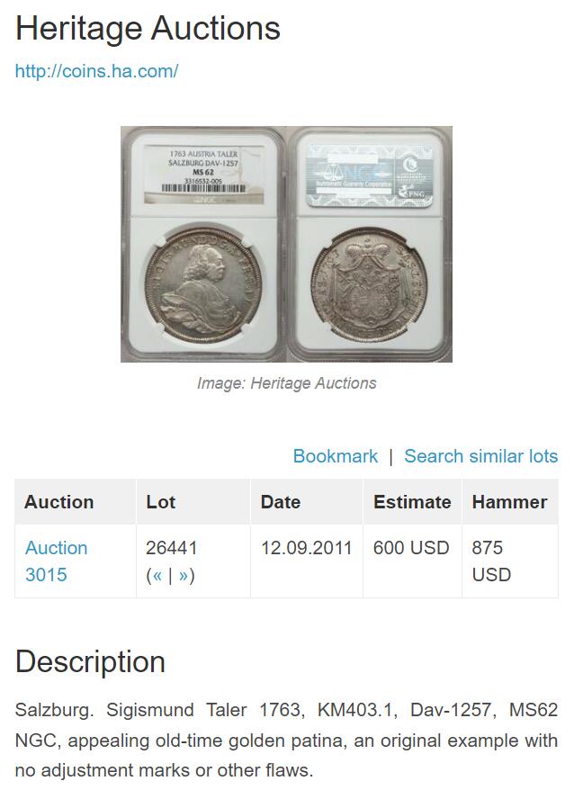 《竞宝斋》第424场 周日，周一，周二  3场连拍 （全场包邮） 亚军分 NGC MS62 奥地利 萨尔茨堡 1763年 泰勒银币 极少版本 11年同分 8000成交 裸币和MS 差距极为明显的品种