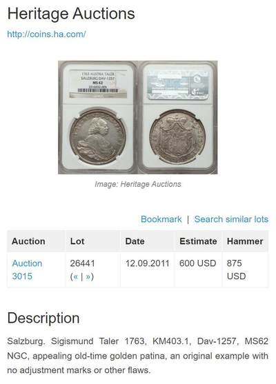 《竞宝斋》第424场 周日，周一，周二  3场连拍 （全场包邮） 亚军分 NGC MS62 奥地利 萨尔茨堡 1763年 泰勒银币 极少版本 11年同分 8000成交 裸币和MS 差距极为明显的品种