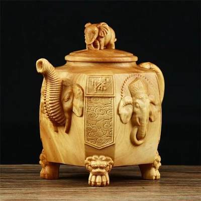 小叶黄杨木雕大象把壶 6cm - 小叶黄杨木雕大象把壶 6cm