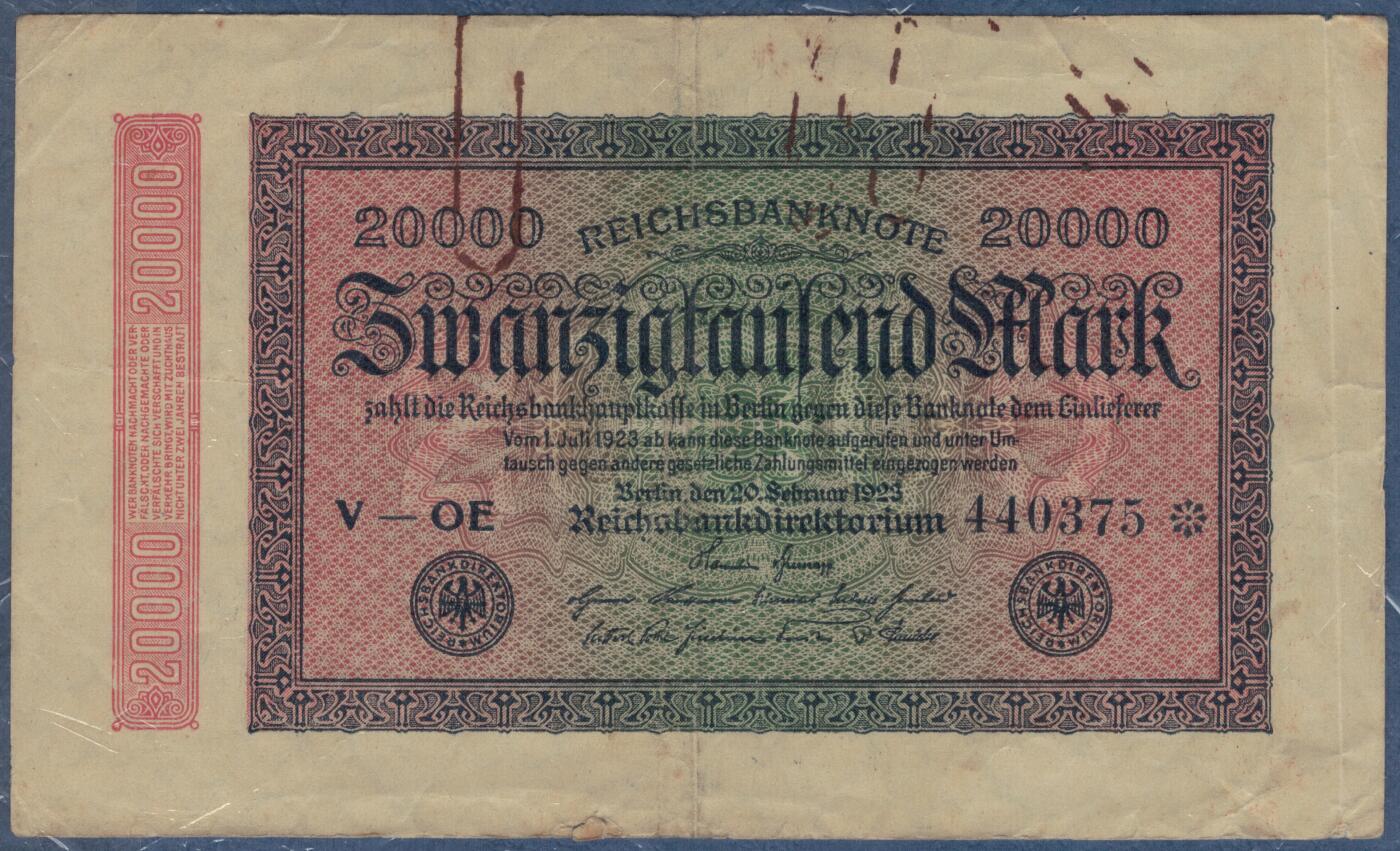 德国1923年20000马克 P-85c G版水印(格文) 补号钞 实物图 八五品