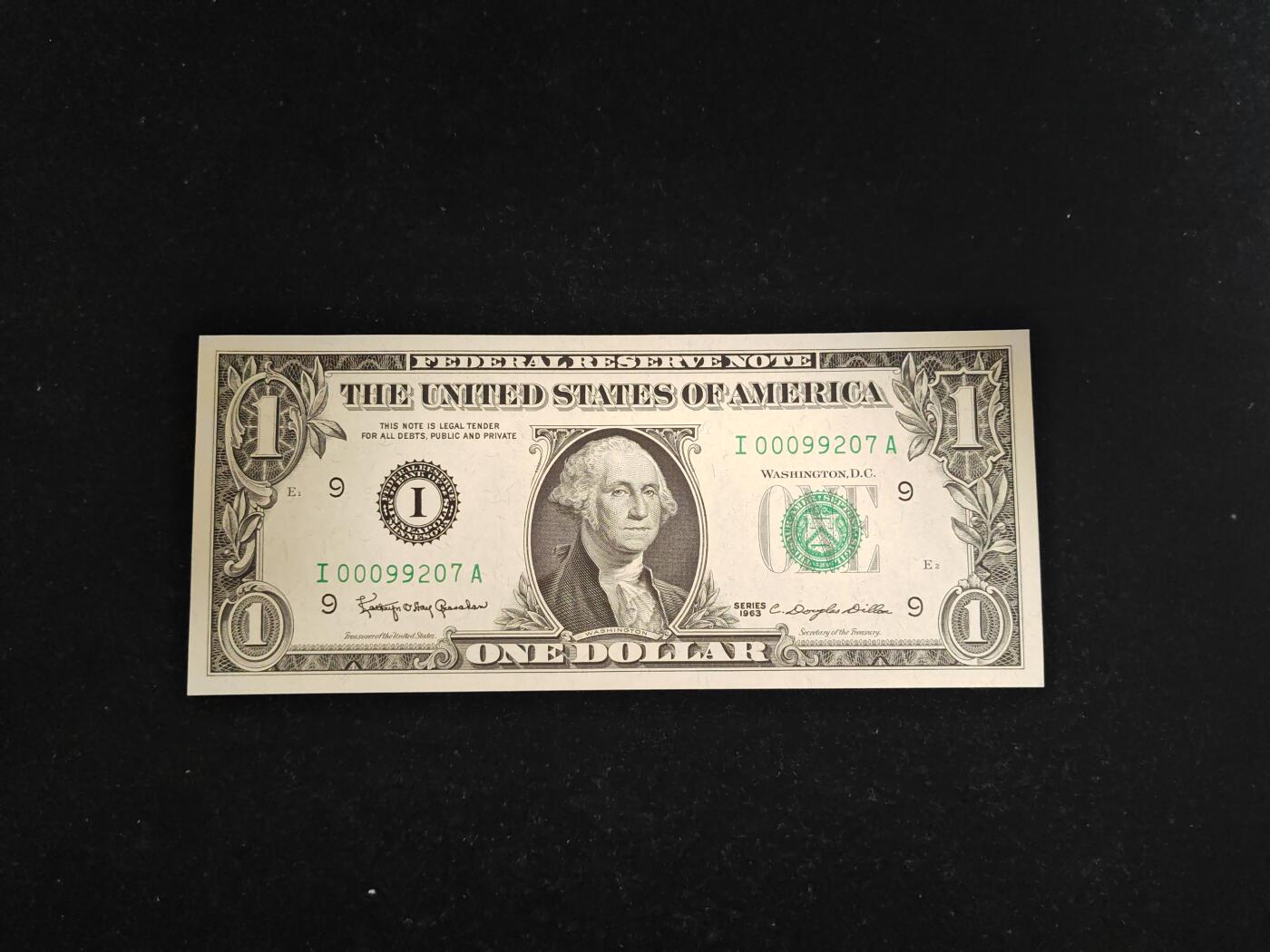 美国 1963年 首发 1美元 I区无4靓号 全新UNC(此版发行量相对1963A少很多)