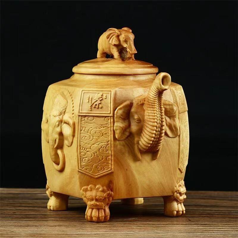 小叶黄杨木雕大象把壶 6cm