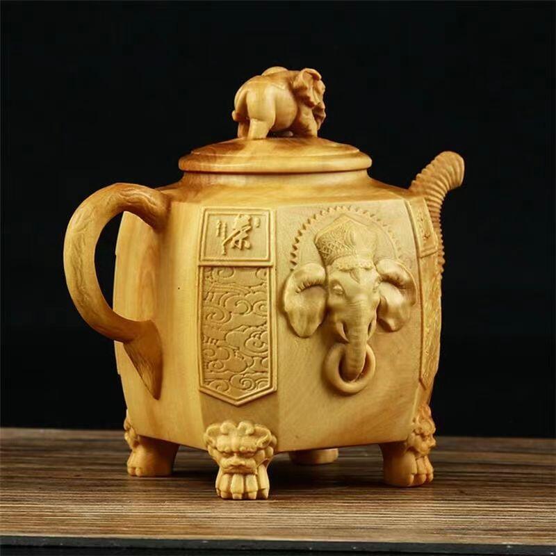 小叶黄杨木雕大象把壶 6cm