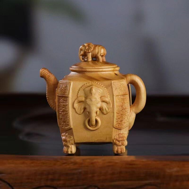 小叶黄杨木雕大象把壶 6cm