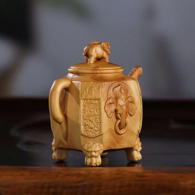 小叶黄杨木雕大象把壶 6cm