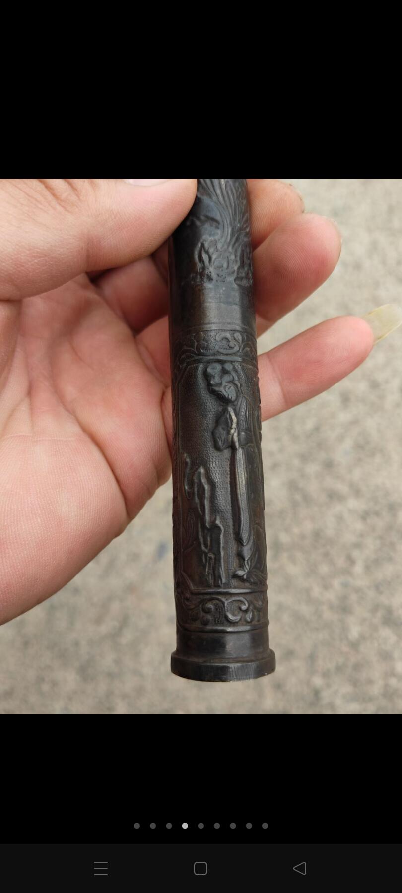 民国时期文房铜信筒，满身鏨刻人物花卉诗文，有底款，保存完好，品相一流