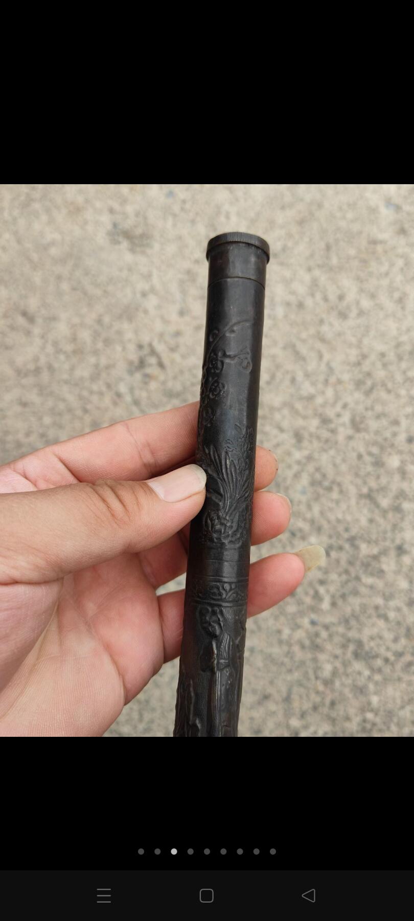 民国时期文房铜信筒，满身鏨刻人物花卉诗文，有底款，保存完好，品相一流