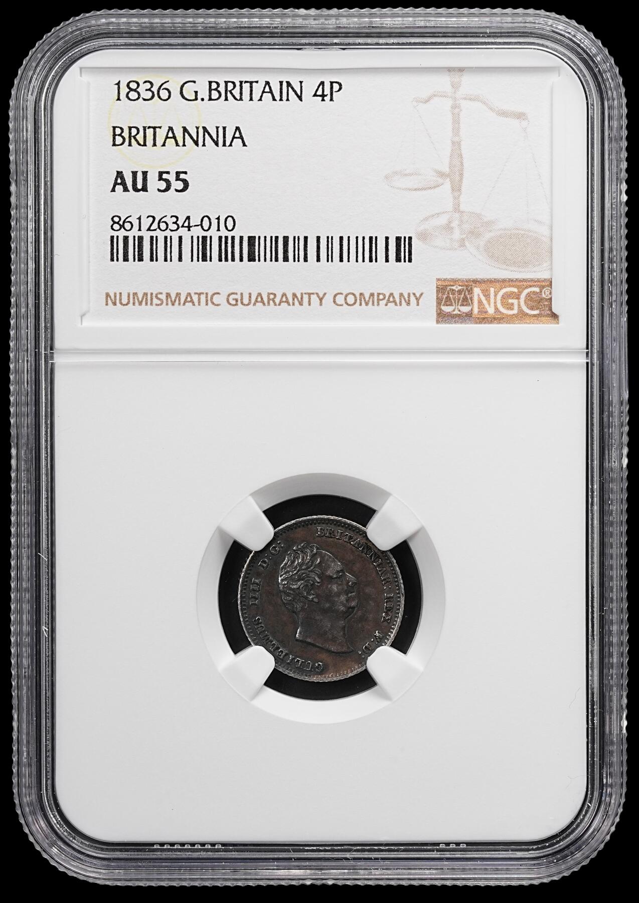 修遠堂世界钱币第八十七期 NGC AU55 1836年英国4便士银币