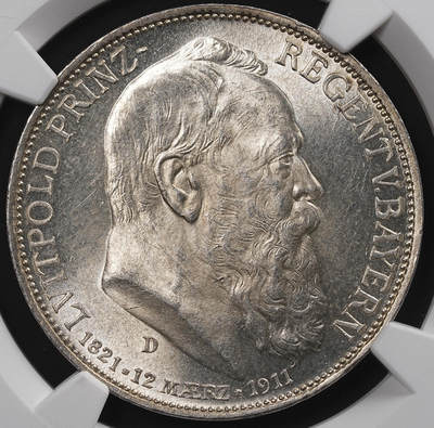 修遠堂世界钱币第八十七期 - NGC MS64 1911年巴伐利亚摄政王90大寿纪念3马克银币