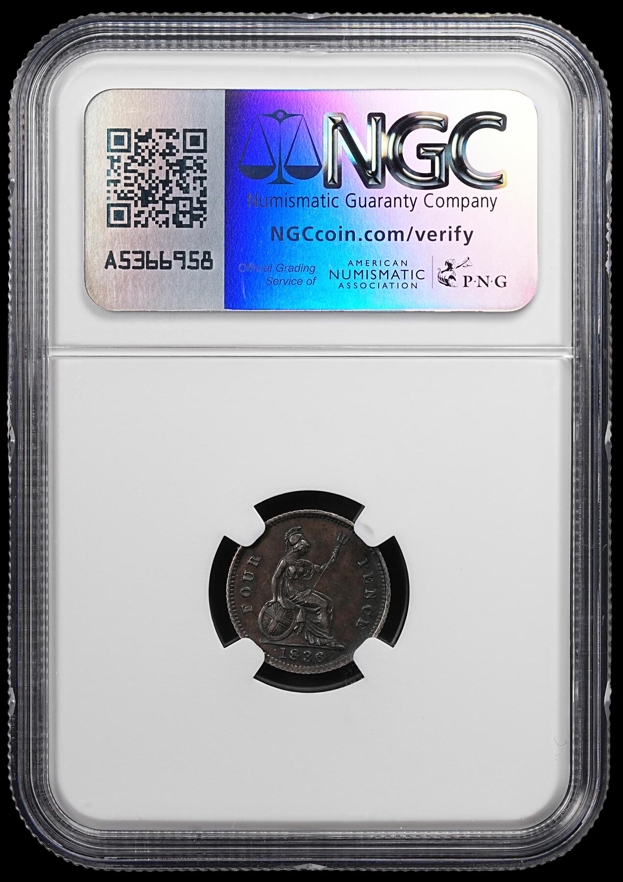 修遠堂世界钱币第八十七期 NGC AU55 1836年英国4便士银币