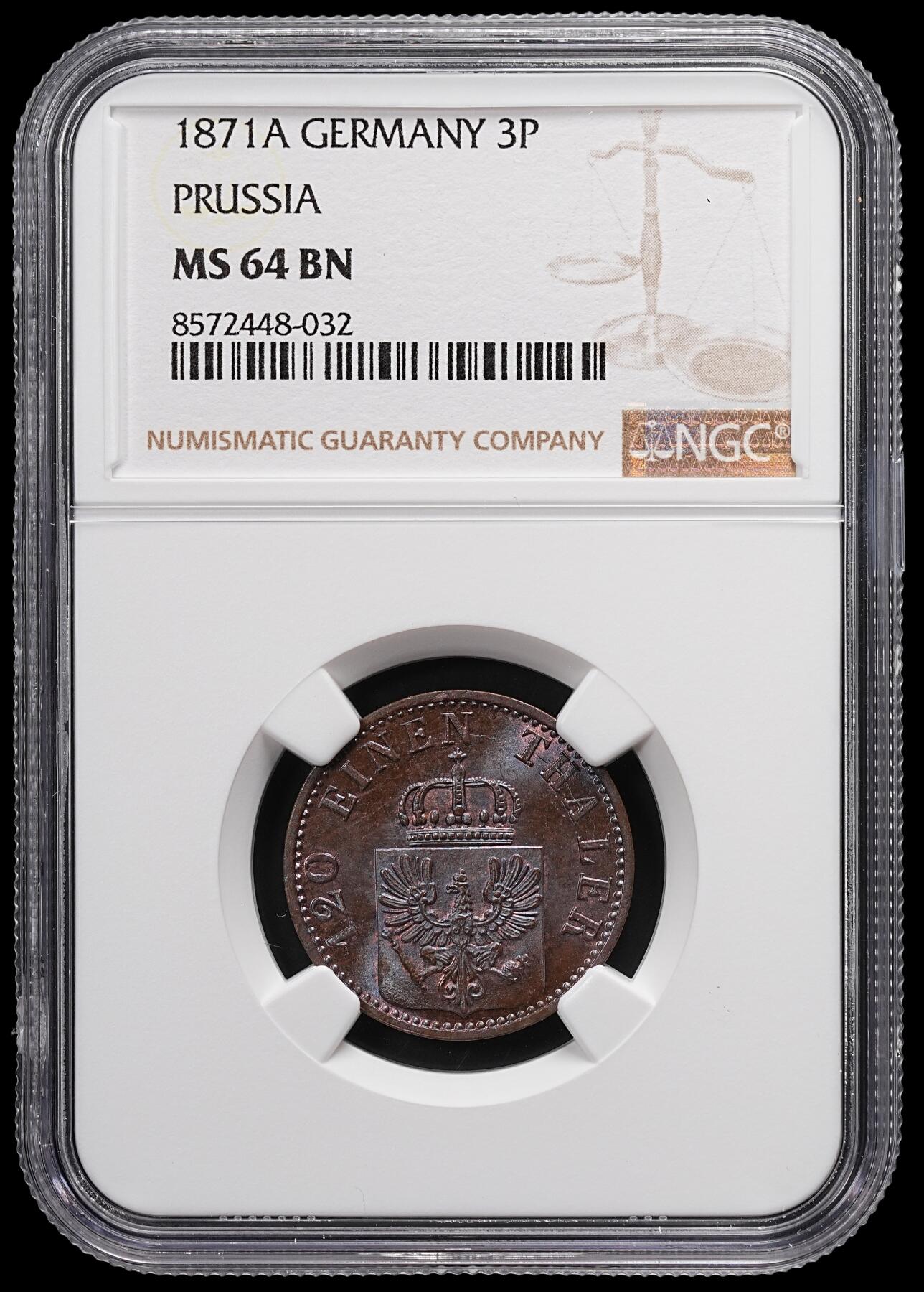 修遠堂世界钱币第八十七期 NGC MS64BN 1871年普鲁士3芬尼铜币