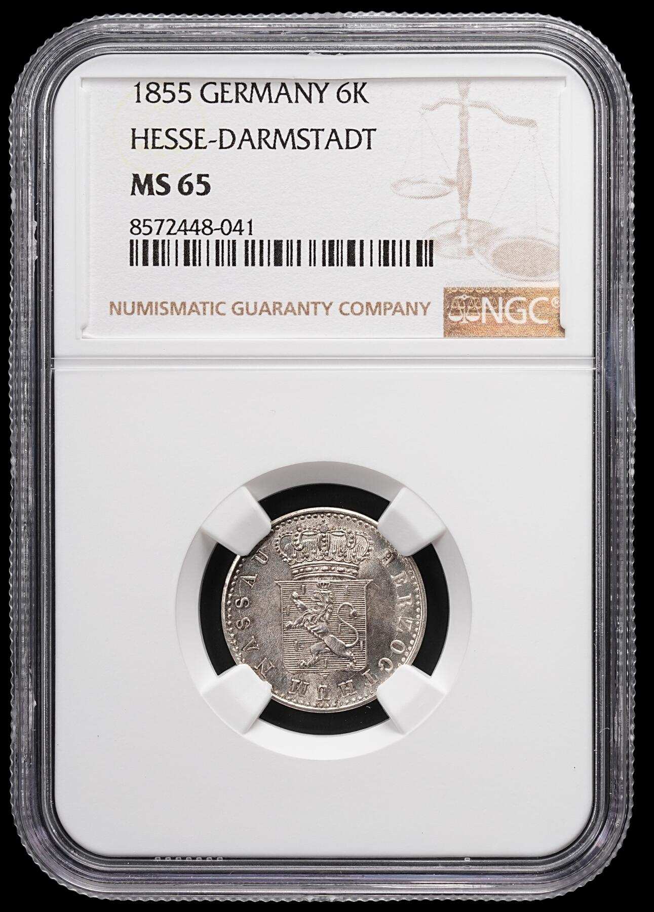 修遠堂世界钱币第八十七期 NGC MS65 1866年黑森.达姆斯塔特6克鲁泽银币 唯一冠军分 仅铸造7万余枚