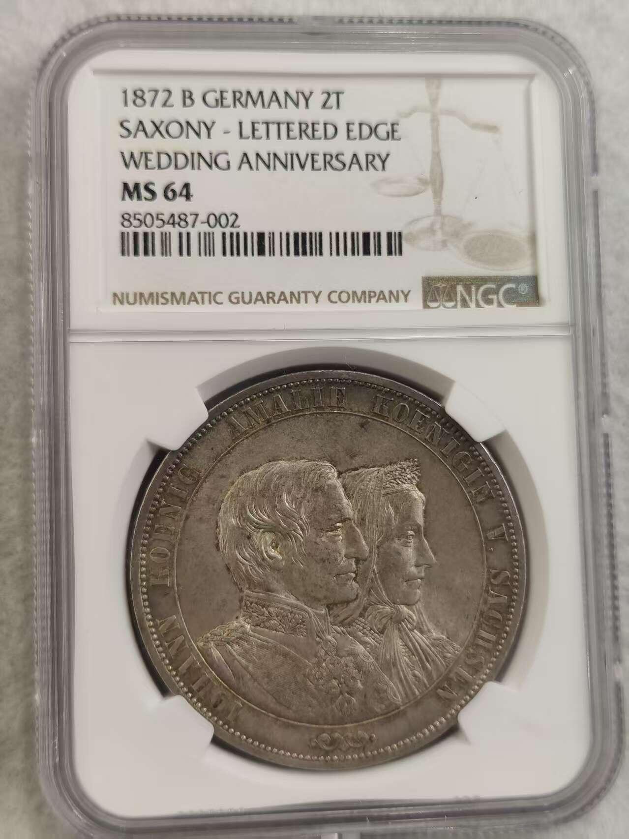 G&W世界散币，银币处理专场（第32场） NGC-MS64  德国1872年2泰勒  银币  萨克森国王 约翰与王妃阿玛莉金婚纪念
